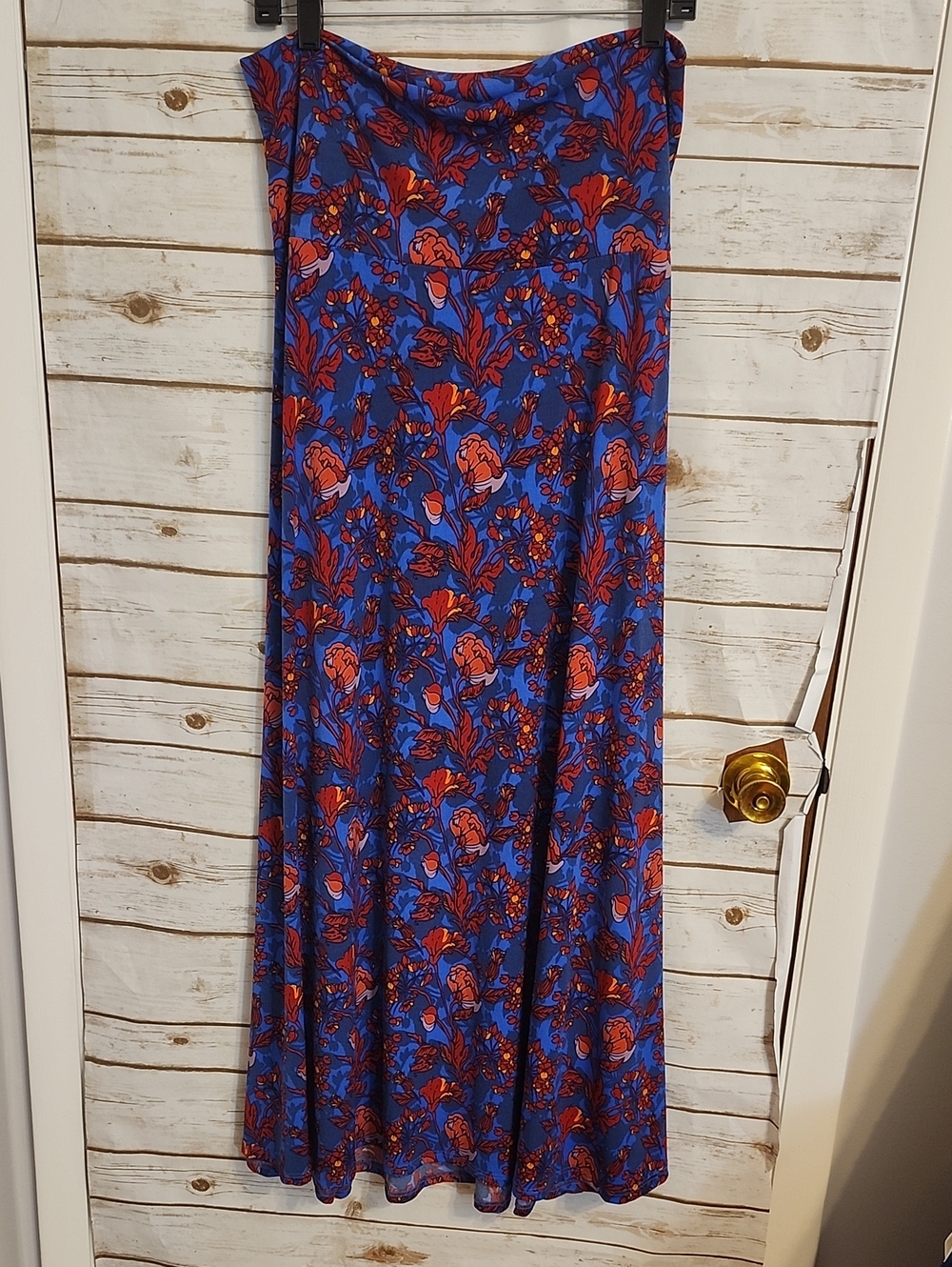 LuLaRoe Blue Maxi Skirt with Red Floral Print Size Large